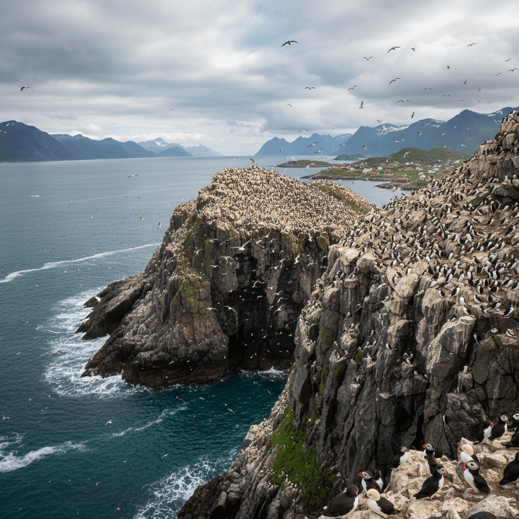 Bild på norska öar med fåglar 