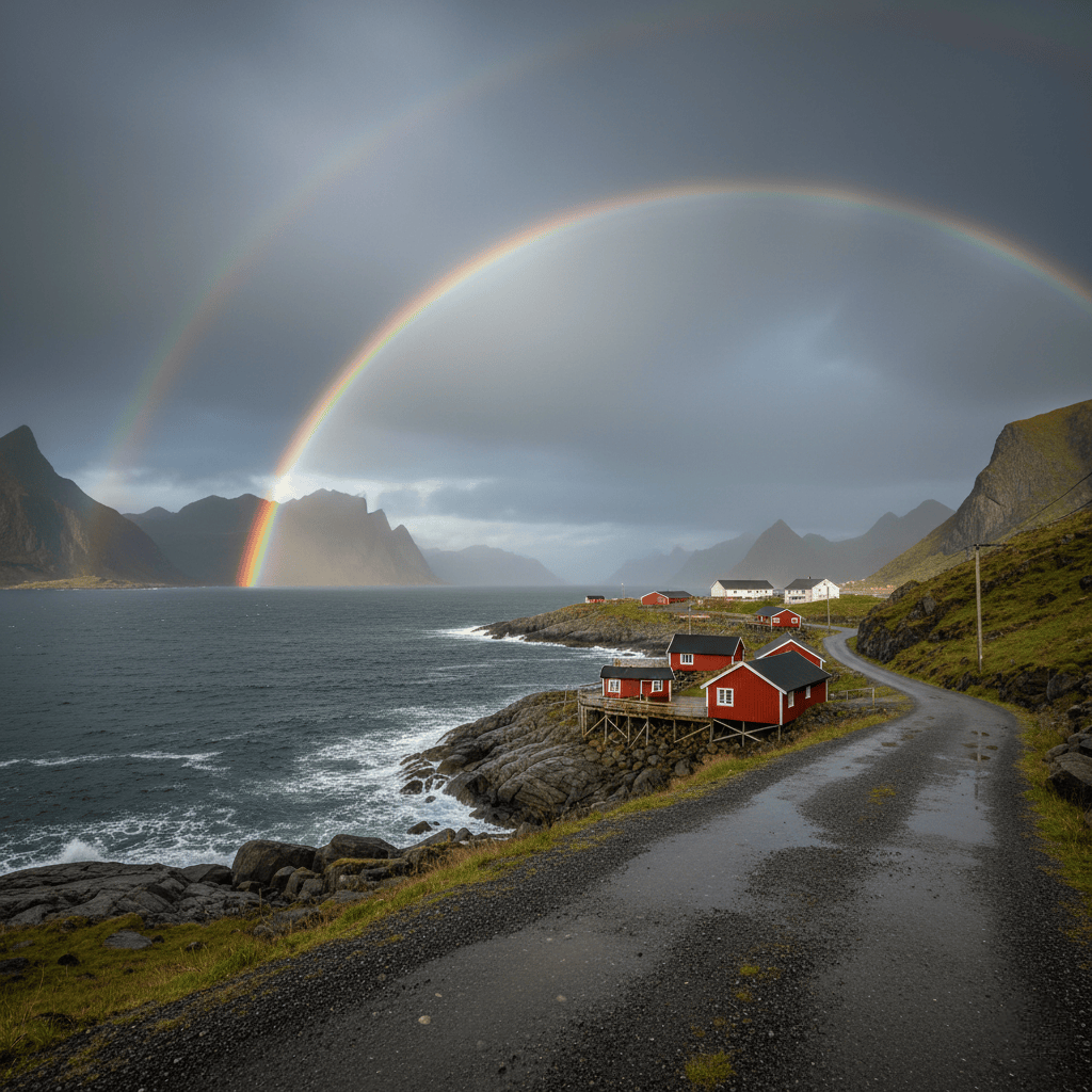 Skandinavisk miljö nära havet med sol efter regn